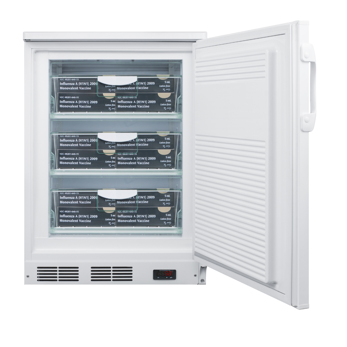 Built-in undercounter medical all-refrigerator for temperature stable medical storage, with interior basket drawers, internal fan, lock, and more